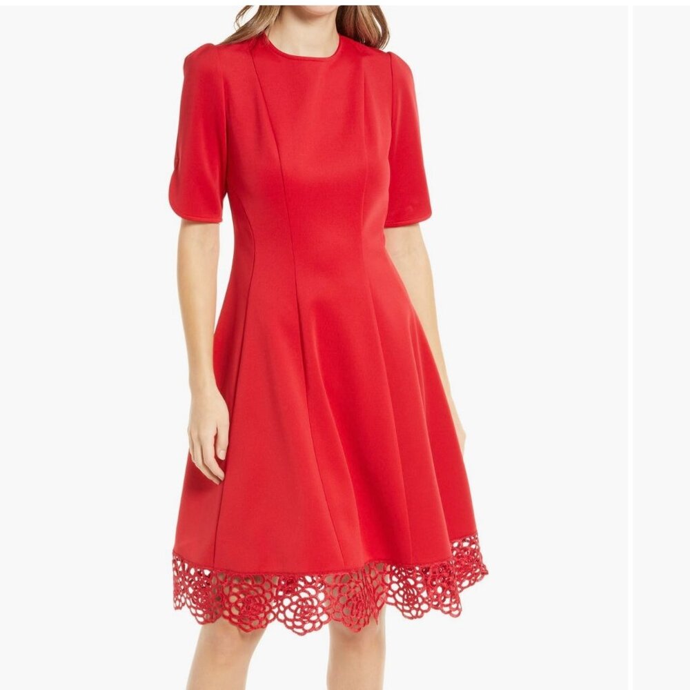 Donna Ricco Crew Neck Short Sleeve Crochet Trim Flare Dress, Size 12